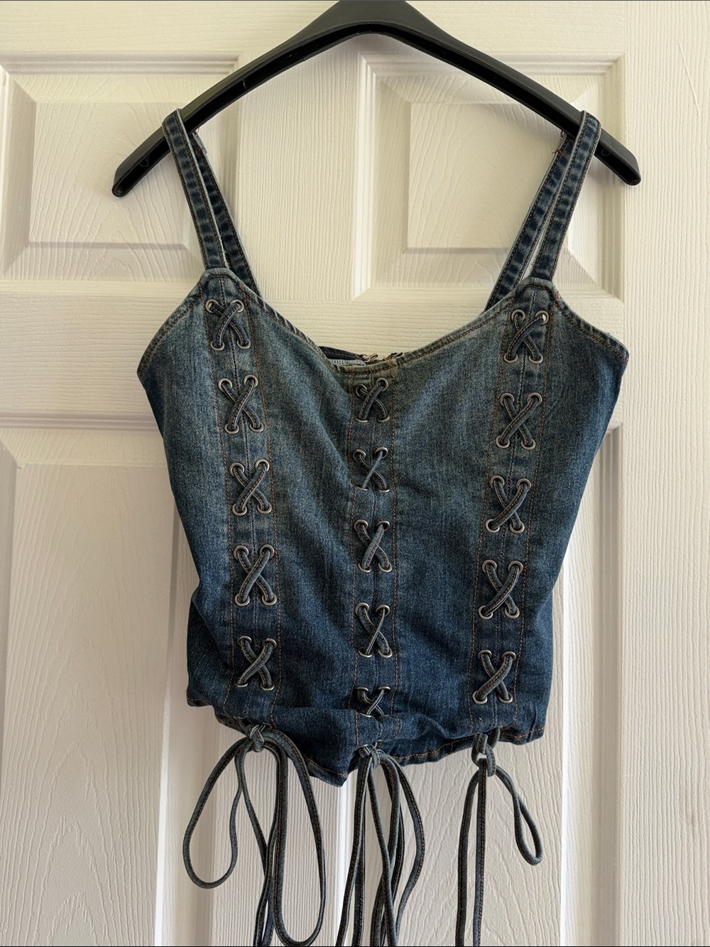 Denim Lace-Up Crop Tank Top - Blue